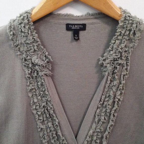 Talbots Silk-Cotton Fine Knit Cardigan Top Ladies sz-Small Fringe V-Neck Sage - Picture 5 of 10